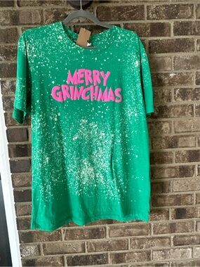 Merry Grinchmas Bleached Bella Canvas Christmas Tee | Pink Graphic Holiday Shirt